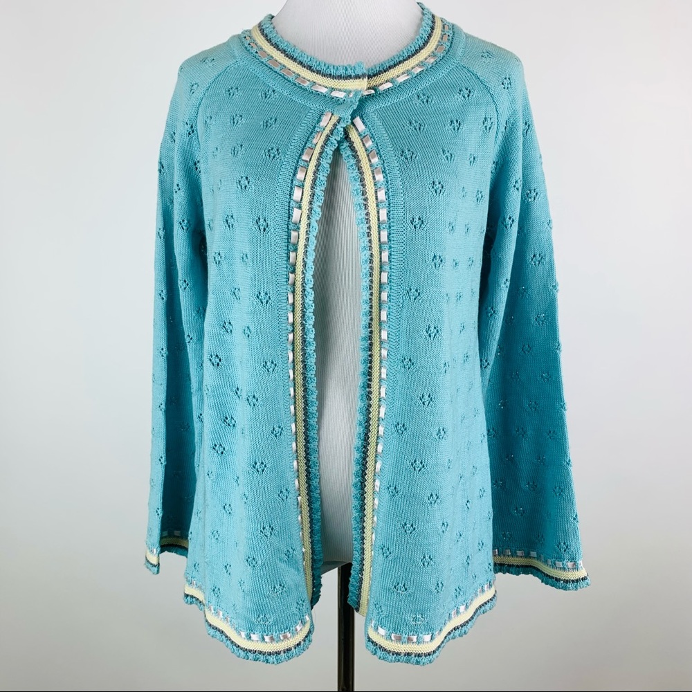 Gaxelle Ribbon Trim Pointelle Cardigan Grandmacore Sweater Small
